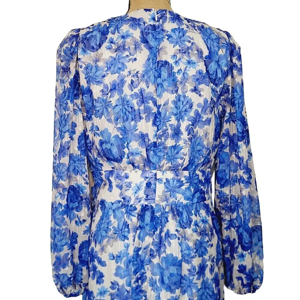 Alex Marie Simone Cobalt Floral Print Puff Sleeve Tiered V-neck Dress 18W NWT - Picture 10 of 14